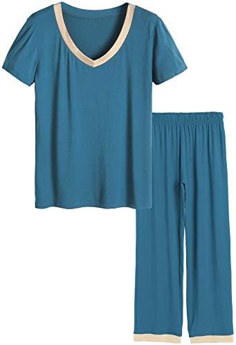 Women's V-neck Sleepwear Short Sleeves Top with Pants Pajama Set