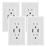 ANTEER 4.8A USB Wall Outlet Fast Charge - Dual High-Speed Charger Electrical Outlets - ETL Listed Duplex 15A Tamper Resistant Socket USB Outlets Receptacle（White,4-Pack/Wall Plate）
