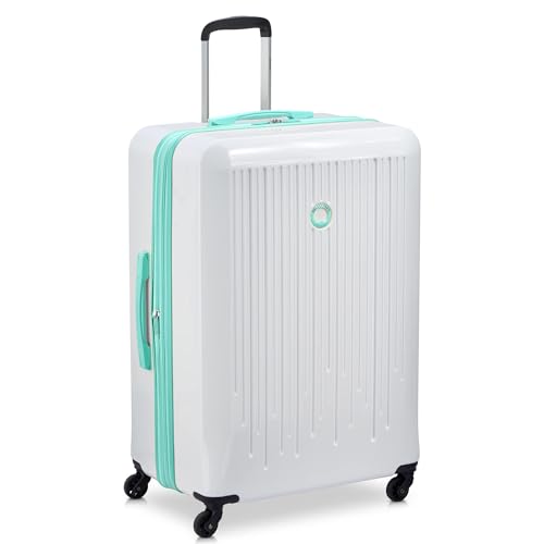 DELSEY PARIS Christine Expandable Luggage, fashionable and Unique, Glossy Exterior with 360 Spinner Wheels, Lockable Telescoping Handle, Men and Women, White with Teal Trim, Large Check-In 28-Inch