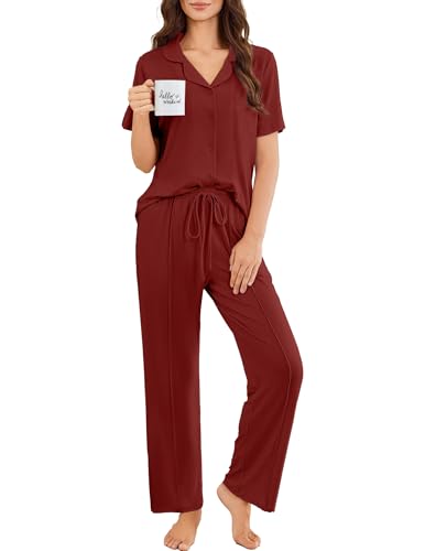 Image of Ekouaer Pajamas for Women Set Button Up Short Sleeve Pjs Sets With Pockets | Soft Womens Sleepwear,V Neck,Notch Collar,2 Piece Classic Loungewear With Long Pant for Sleep,Lounge,Fall