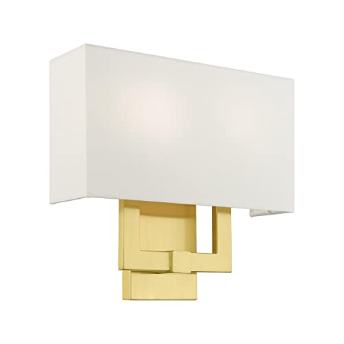 Image of Livex Lighting 51103-12 Meridian Collection ADA 2-Light Wall Sconce Light with Off-White Hardback Fabric Shade, Satin Brass, 13 x 12.5