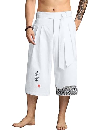 YAOBAOLE Kirakuco Pantalon Japonais Bermuda pour Hommes Short 3/4 Pantacourt Été Lin Blanc Shorts Blancs L