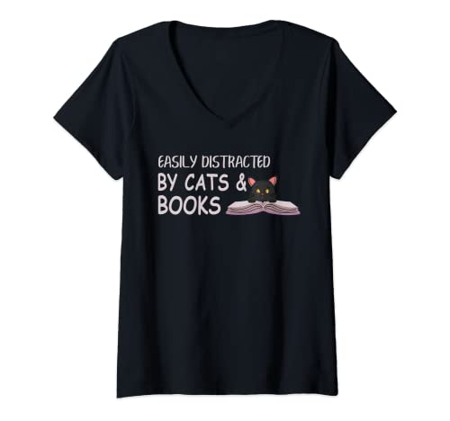 Mujer Gatos y libros fácilmente distraídos divertidos amantes del libro de gatos Camiseta Cuello V