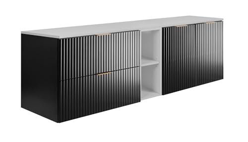 3E 3xE living.com Conjunto de baño: Mueble con cajones, Mueble con Puertas y balda 57×46×180 cm, Blanco/Negro, Tirador Dorado