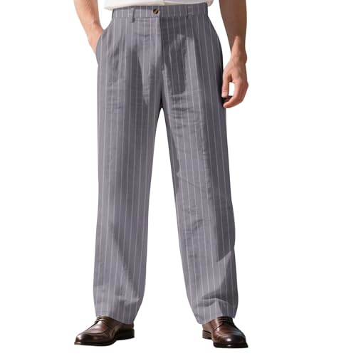 Mens Work Pants Business Trousers Striped Button Elastic Waist Lightweight Casual Relaxed Fit Yoga Beach Linen Pants