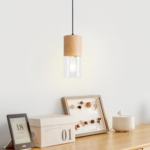 Image of 2-Pack Modern Pendant Lights for Kitchen Island, Adjustable Pendant Light Fixtures with Raw Wood Grain, Industrial Clear Glass Pendant Lights for Dining Table Hallway Bedroom Living Room