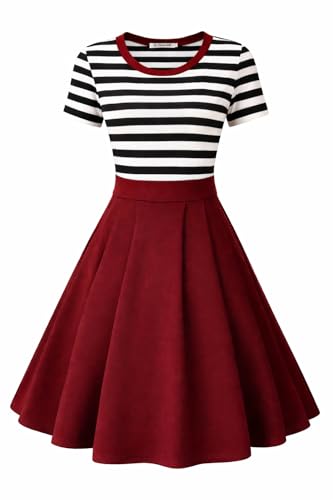 Image of BI.TENCON Women's Striped Pleated Casual A-Line Dresses Knee Length with Pockets