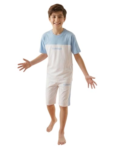 Image of Li'l Tomatoes Boys 100% Cotton Night Suit Set | Half Sleeve T-Shirt & Shorts | Color Block & Typography Print | Soft & Breathable Sleepwear | Casual Summer Wear | 9-16 Years