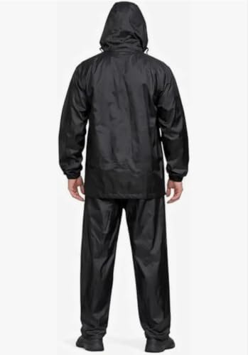 Image of Rain Coat for Men Waterproof with Pants black colour Polyester Bike RainSuit RainJacket Suit Mobile Pocket with Storage Bag