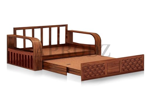 Image of APRODZ Solid Sheesham Wood Sofa Cum Bed 3 Seater Velevt Fabric with Blue Upholstery & Cushion Perfect Sofa Furniture for Home Living Office Room and Guests (Honey Finish 75x69x30-Inch)
