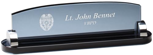 Executive Gift Shoppe | Personalized Police Theme Smoked Glass Desktop Name Plate