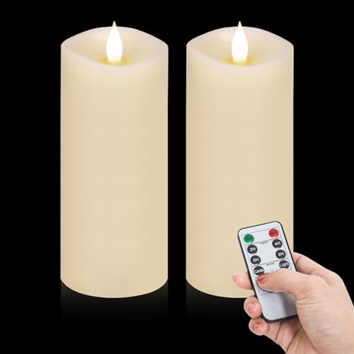 Image of 2PCS, 3 x 7 inches Flameless Candle with Remote Control, 3D Flickering Wick, Real Wax, Battery Candles,with Timer,Battery Powered Candles,for Holiday Home Decor,Ivory