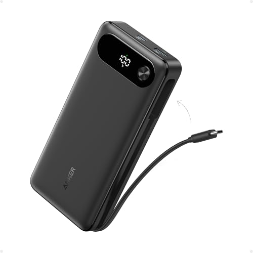 Anker Power Bank, 20.000mAh Carregador Portátil para Notebook com Cabo USB-C Integrado, 3-Portas 87W Máx Carregamento Rápido, Compatível com MacBook, iPhone 17/16/15, Samsung, Xiaomi,Switch e Mais