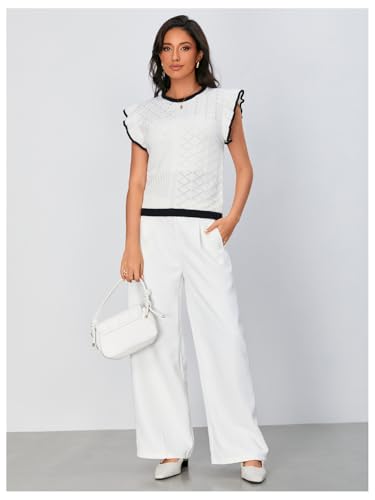 Image of MakeMeChic Women's Contrast Binding Ruffle Sleeve Vest Crew Neck Knit Sweater Pullovers Black and White Medium