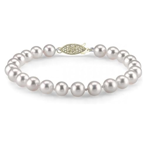 The Pearl Source White Freshwater Pearl Bracelet for Women - Cultured Pearl Bracelet in 14k Gold Plated Sterling Silver Clasp with Genuine Cultured Pearls, 8.0
