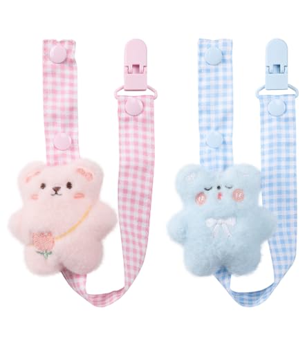 CutiePlusU Clips para chupete para adultos, paquete de 2 unidades, para niños y niñas, ajuste universal para todos los chupetes, rosa y azul oso