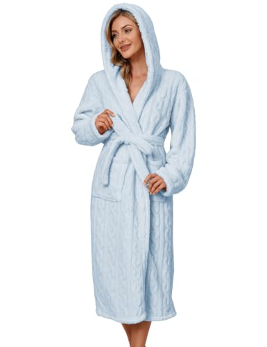 Image of Wiepux Womens Dressing Gown Fluffy Fleece Hooded Plush Bathrobe Blue S | Warm Luxury Long Robe with Belt & Pockets, Soft Cosy Winter Housecoat, Ladies Nightwear Loungewear Sleep Robe for Home, S-XL