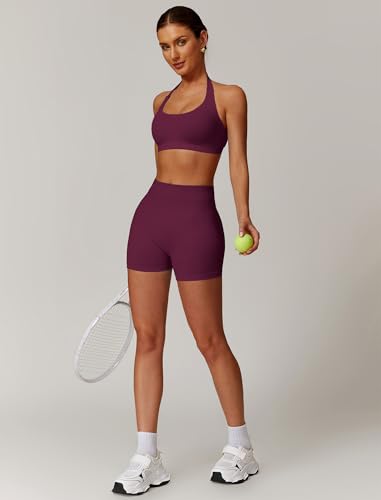 Image of ABOCIW Workout Sets for Women 2 Piece seamless Halter Sports Bra Scrunch Butt Impact Shorts Gym Yoga Outfits