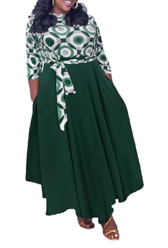Image of Hostoyo Women Plus Size Formal A Line Maxi Dress Self Tie Waist with Pockets Elegant Round Neck Swing Long Dresses