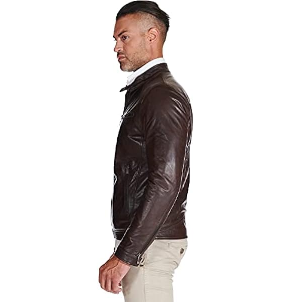 Dark brown pull up lamb leather biker jacket four zipper pockets