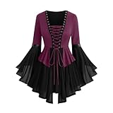 Automne décontracté à manches cloches - Haut à épaules dénudées pour femme - Petite chemise courte à volants à manches longues avec ourlet à volants - Chemisier vintage renaissance victorien médiéval - Chemisier décontracté à col carré pour femme - Manches longues à volants - Chemisier vintage renaissance victorien médiéval steampunk - Haut décontracté à volants pour femme - Épaules dénudées - Chemisier péplum à volants 3/4 Manches smockées taille peed asant tops renaissance médiévale chemise