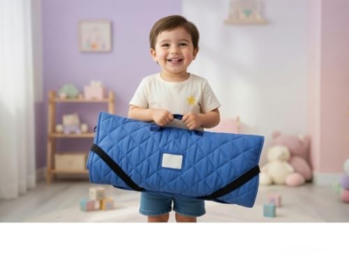 Image of EVERYDAY KIDS Cute Preschooler and Toddler Cot Nap Mat for Home, Daycare, Preschool and Kindergarten; Easy to Roll Sleeping Mat with Elastic Straps, Pillow and Blanket