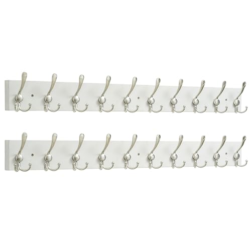 Image of SKOLOO Creations White Solid Wood Wall Mounted Coat Rack, 10 Hooks, 38-1 /8 inch Long - Kitchen, Mudroom, Entryway, Bathroom - Includes Mounting Hardware, Wall Coat Hanger, Towel Rack, Pack of 2