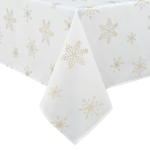 Alishomtll Christmas Tablecloth Table Cover Waterproof Table Cloth Rectangular Wipe Clean, Gold Snowflake Xmas Washable Tablecloth for Holiday Dinner Kitchen Party New Year, 55x79in/140x200cm