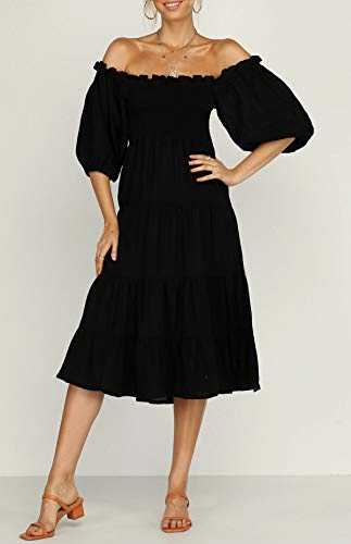 Image of R.Vivimos Women's Summer Cotton Lantern Sleeves Ruffled Off Shoulder A-Line Midi Dresses