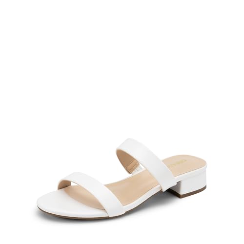 DREAM PAIRS Women's Slides Heels Slip On Low Block Sandals Two Strap Open Round Toe Chunky Casual Summer Mules Shoes 6 White