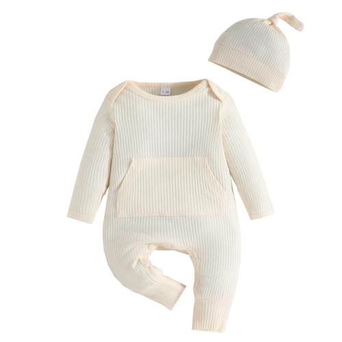 Image of Bafeicao Newborn Baby Boy Girl Romper Ribbed Long Sleeve Jumpsuit with Hat Infant Coming Home Outfit Clothes Set