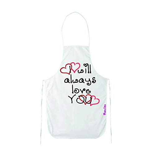 Regali Pazza idea Grembiule Bianco Cucina Decorato Love - 70x80 cm - Cotone - Frase I Will Always Love You - Regalo per Coppie - Offerta