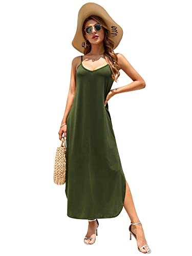 Image of HUSKARY Women's Summer Casual Sleeveless V Neck Strappy Split Loose Dress Beach Cover Up Long Cami Maxi Dresses with Pocket