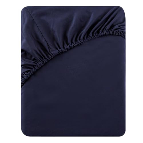 Soifox Double Fitted Sheet Navy Blue, Bed Sheets with Extra Deep Pocket 16 inch (40 cm)