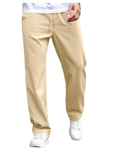 SHENHE Men's Summer Straight Leg Pants Drawstring Elastic Waist Casual Trousers with Pockets