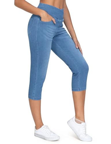 THE GYM PEOPLE Women's Cross Waisted Stretchy Capri Denim Jeggings Tummy Control Skinny Jean Leggings with Pockets