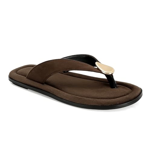 Image of Women's Suede Thong Sandals Flat Flip Flops with Metal Accent Slip On Comfortable Casual Summer Beach Dress Sandals