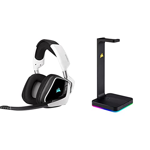 Corsair Void RGB Elite Wireless Premium Gaming Headset - White & ST100 RGB Premium Headset Stand with 7.1 Surround Sound - 3.5mm and 2xUSB 3.0