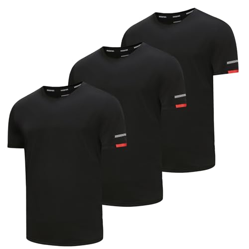 AMZSPORT Camisetas Deportivas para Hombres, Paquete de 3/5, Camisetas de Manga Corta de Malla Transpirable y Secado Rápido para Correr, Entrenamiento y Fitness, 3BLACK-L