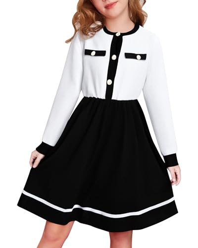 Yhnslsf Girls Dress Size 9 Girl Long Sleeve A Line Medium Knee Sweater Size 10 Girl's White Button Front Knit Fall Winter Princess Pleated Dresses Casual Elegant Holiday Clothes for Kids