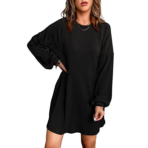 Basicspace Elegantes Damen-Pulloverkleid Gestricktes Langarmkleid Schwarzes Kleid mit Taschen Glockenärmeln(M,Schwarz)