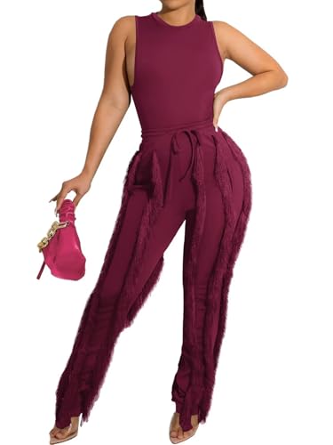 Image of EDITCOZY Women Sexy Two Piece Outfits Fringe Pants Set Tassel Club 2 Piece Sets Going Out Birthday Party Night