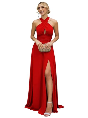 Plus Size Formal Bridesmaid Dress for Women Halter Neck Cut Out Keyhole Chiffon Formal Dresses for Wedding Guest with Slit Red 22