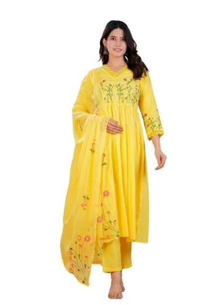 Image of KANCHAN TRADERS Women's Cotton Round Neck 3 /4 Sleeve Chikankari Embroidered Printed Kurta Palazzo with Dupatta Set
