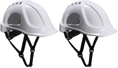 Image of Portwest PS54 Endurance Plus Safety Hard Hat Head Protection ABS Shell EN 397 and EN 50365 Certified 6 Point Suspension Wheel Ratchet Adjustment 4-Point Chin Strap, White, One Size (Pack of 2)