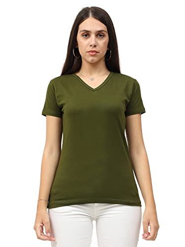 Image of FLEXIMAA Women's Cotton Plain V Neck Half Sleeve T-Shirt