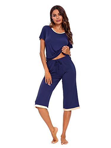 Tiktik Womens Bamboo Scoop Neck Pajama Set Comfy Sleepwear Top With Capri Pants Pjs Petite Plus Size S-4Xl, Navy, 2X-Large #TOP2