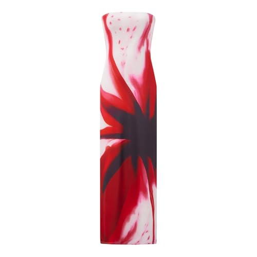 Image of Women Floral Strapless Maxi Dress Y2K Bodycon Tube Long Dresses Sexy Party Formal Cocktail Beach Slit Dress