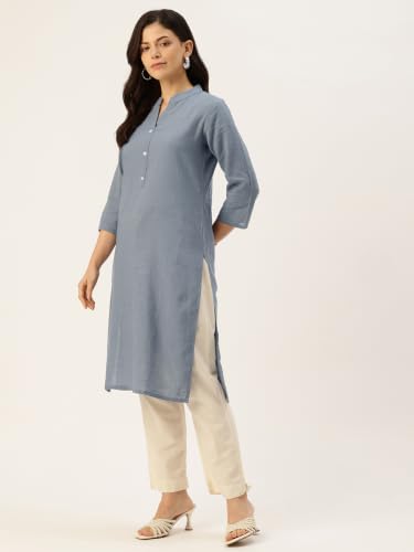 Image of feranoid Women's Plain Cotton Kurta with Mandarin Collar, 3 /4 Sleeves & Pocket