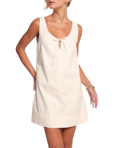 Image of MISSACTIVER Women's Sexy Scoop Neck Summer Mini Dress 2025 Sleeveless Tie Up Back Button Hollow Out Sundress with Pocket(Medium,Apricot)